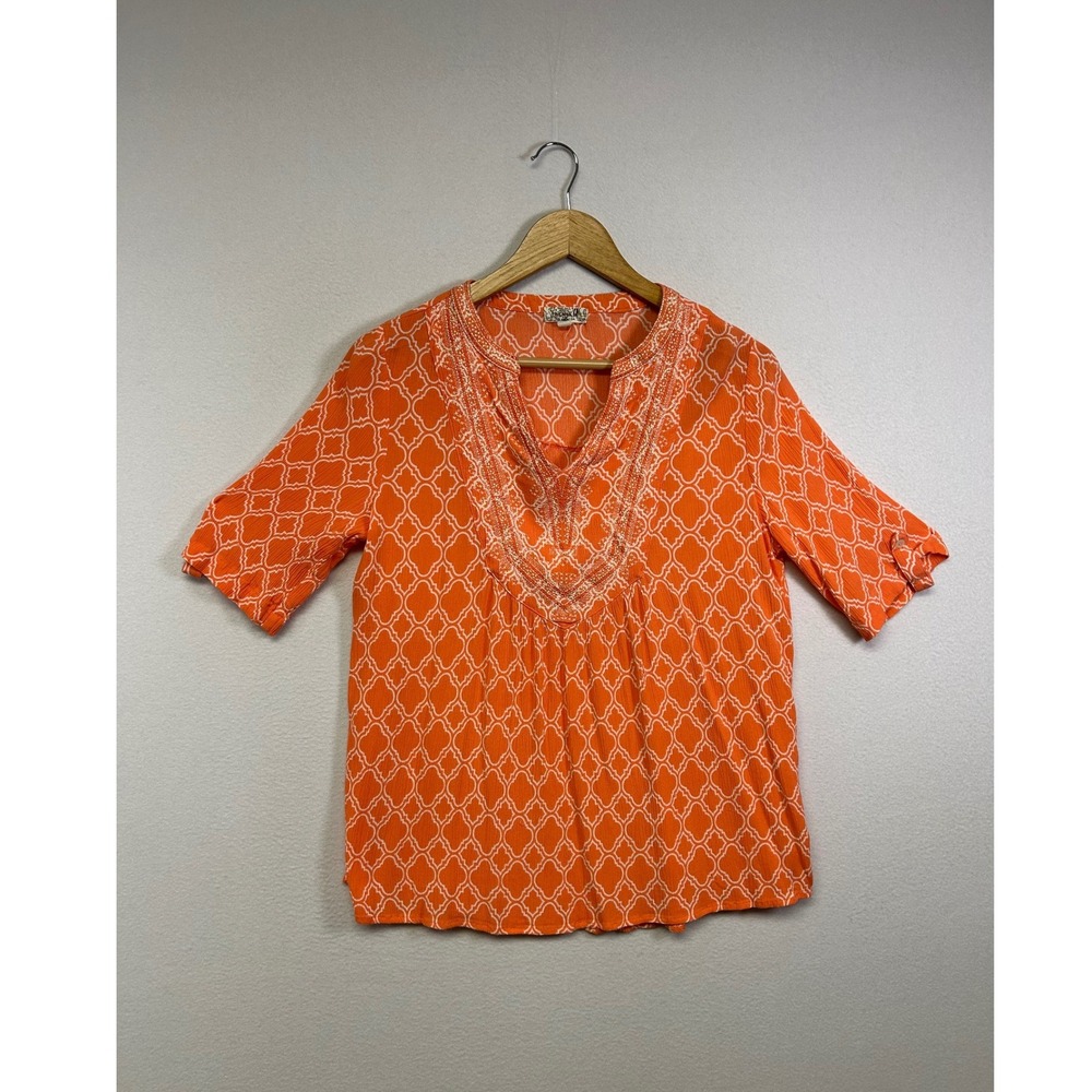 Boho One World Womens Small Orange White Embroidered Sequin Peasant‎ Blouse Top
